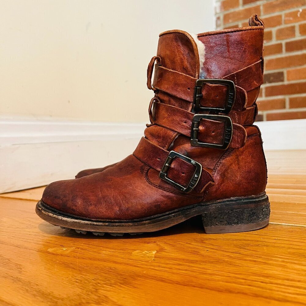 Frye Valerie Strappy Shearling Leather Boots in Cognac Size 7